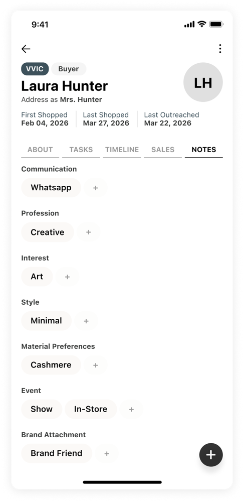 ALPHA mobile app: client profile notes with communication, style, and event preferences
