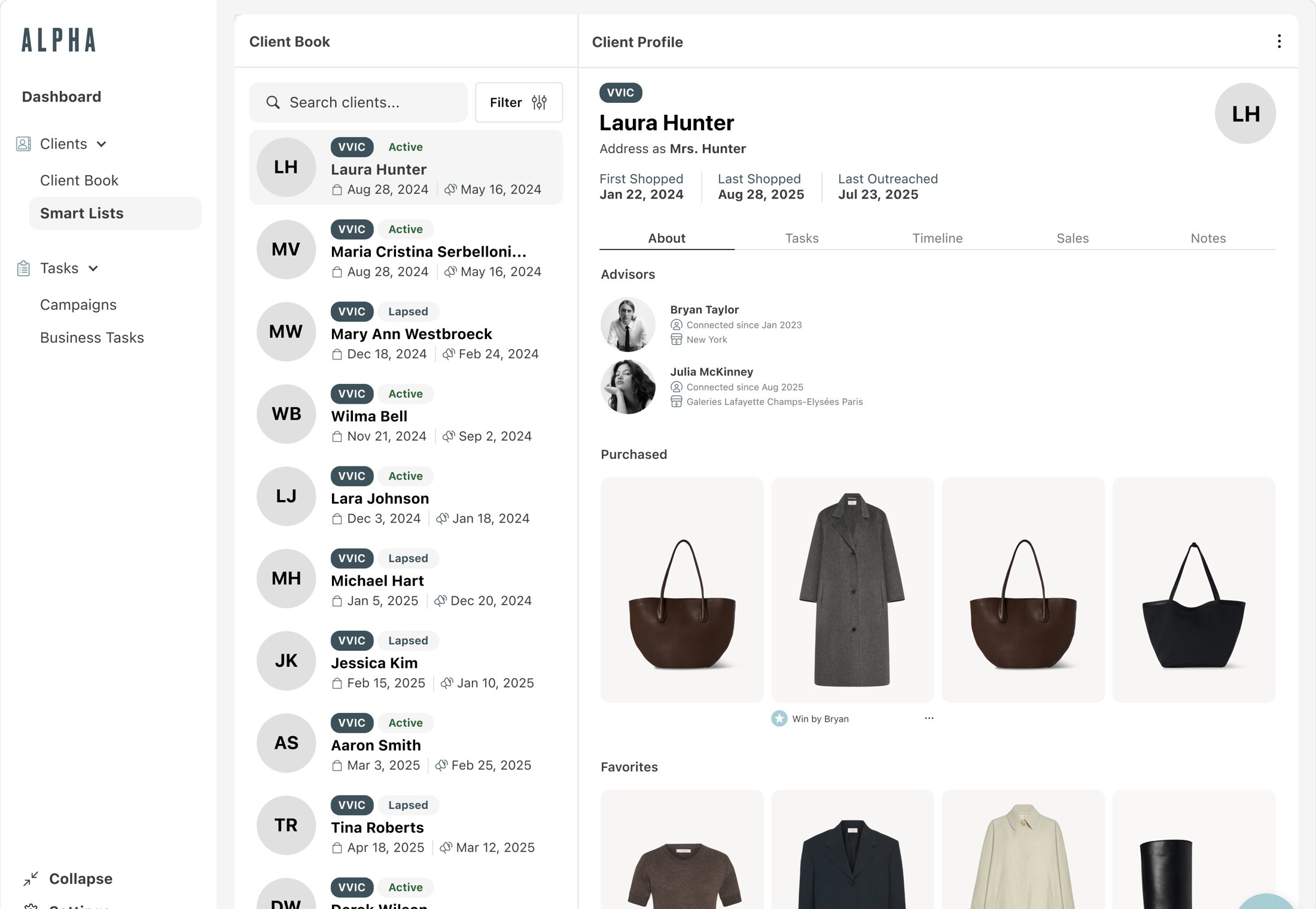 ALPHA web app: client book next to a client profile with advisors, purchases, and favorites