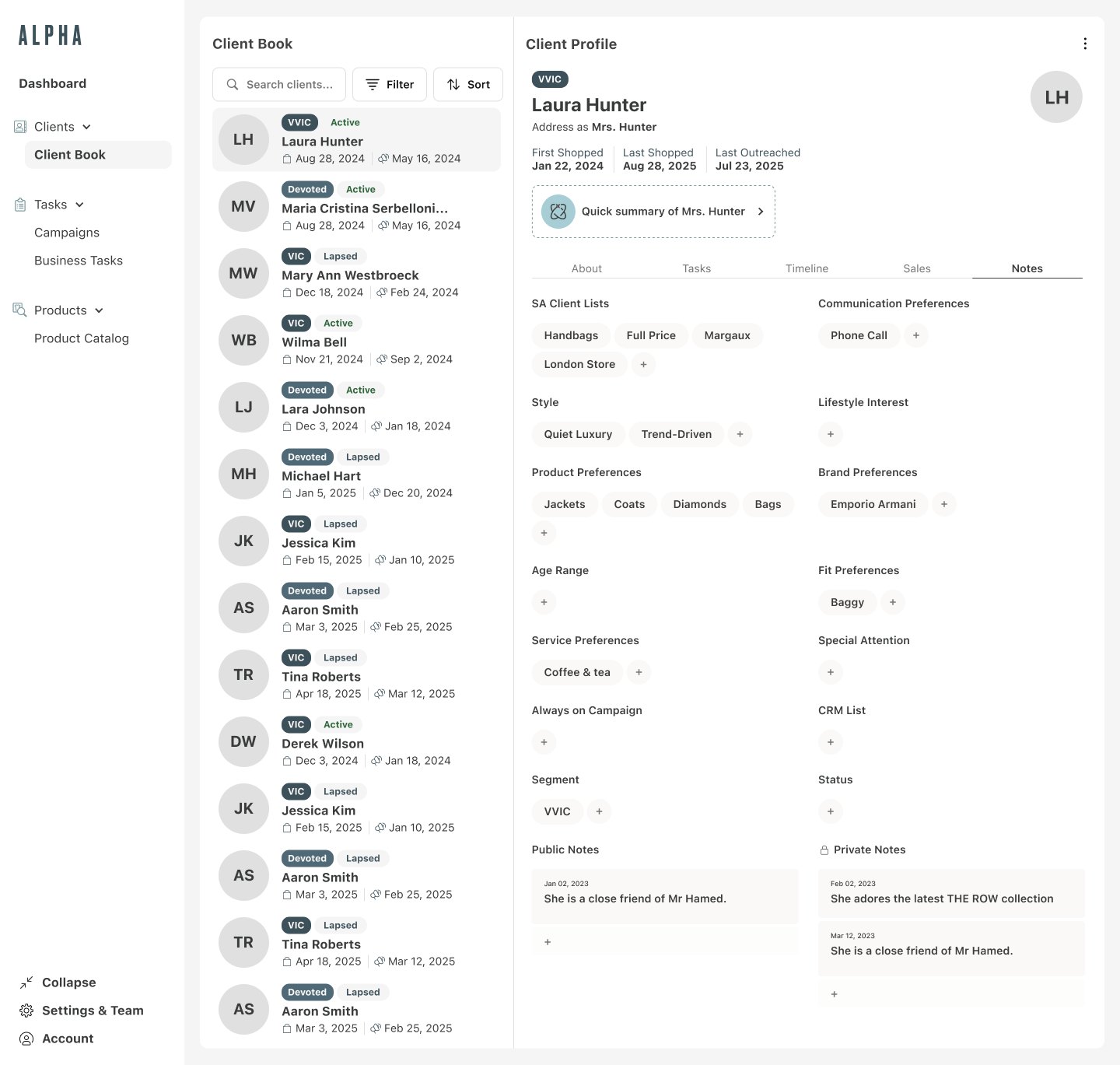 ALPHA web app: client profile notes with lists, preferences, and private notes