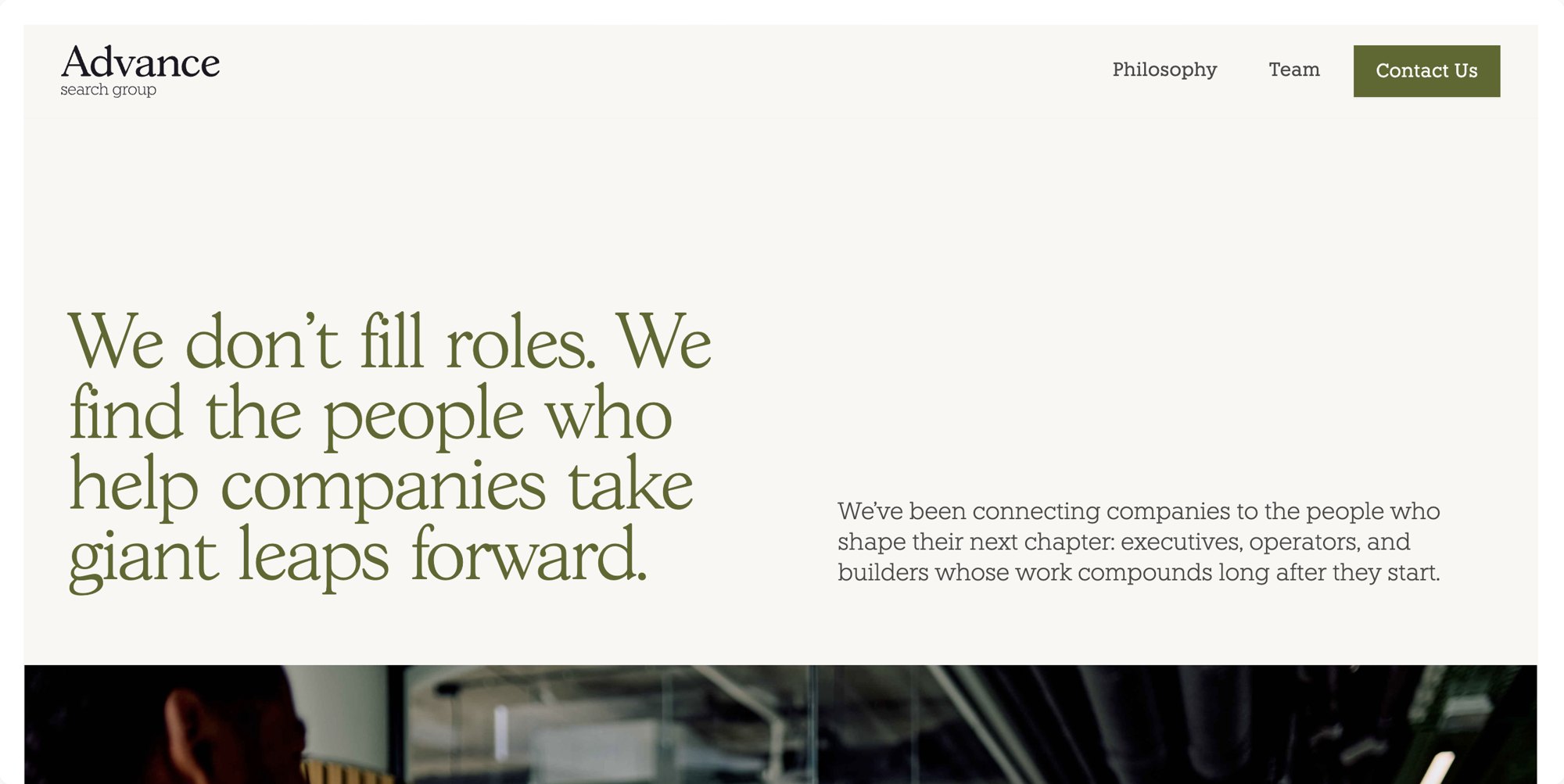 Advance Search Group website homepage: serif headline about finding people who help companies take giant leaps forward
