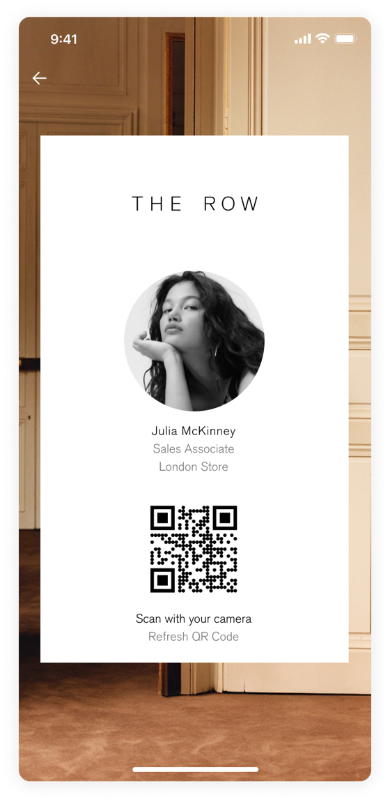 The Row: sales associate QR card in the ALPHA app