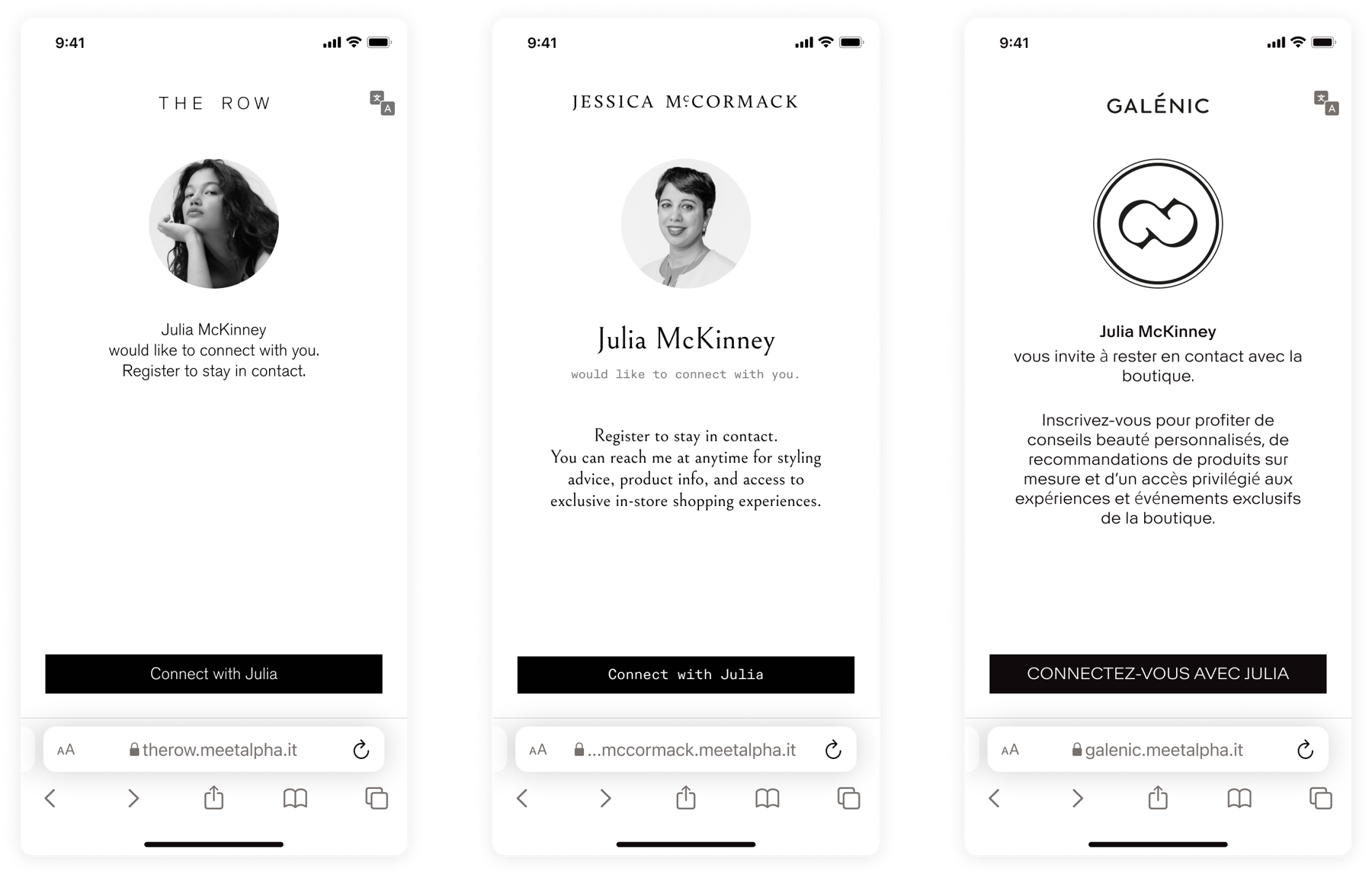 Branded registration pages for The Row, Jessica McCormack, and Galénic, each inviting the client to connect with their associate