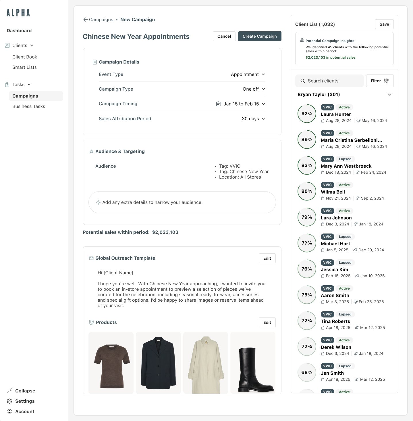 Generated campaign: details, audience, projected sales, outreach template, and recommended products, next to a ranked client list