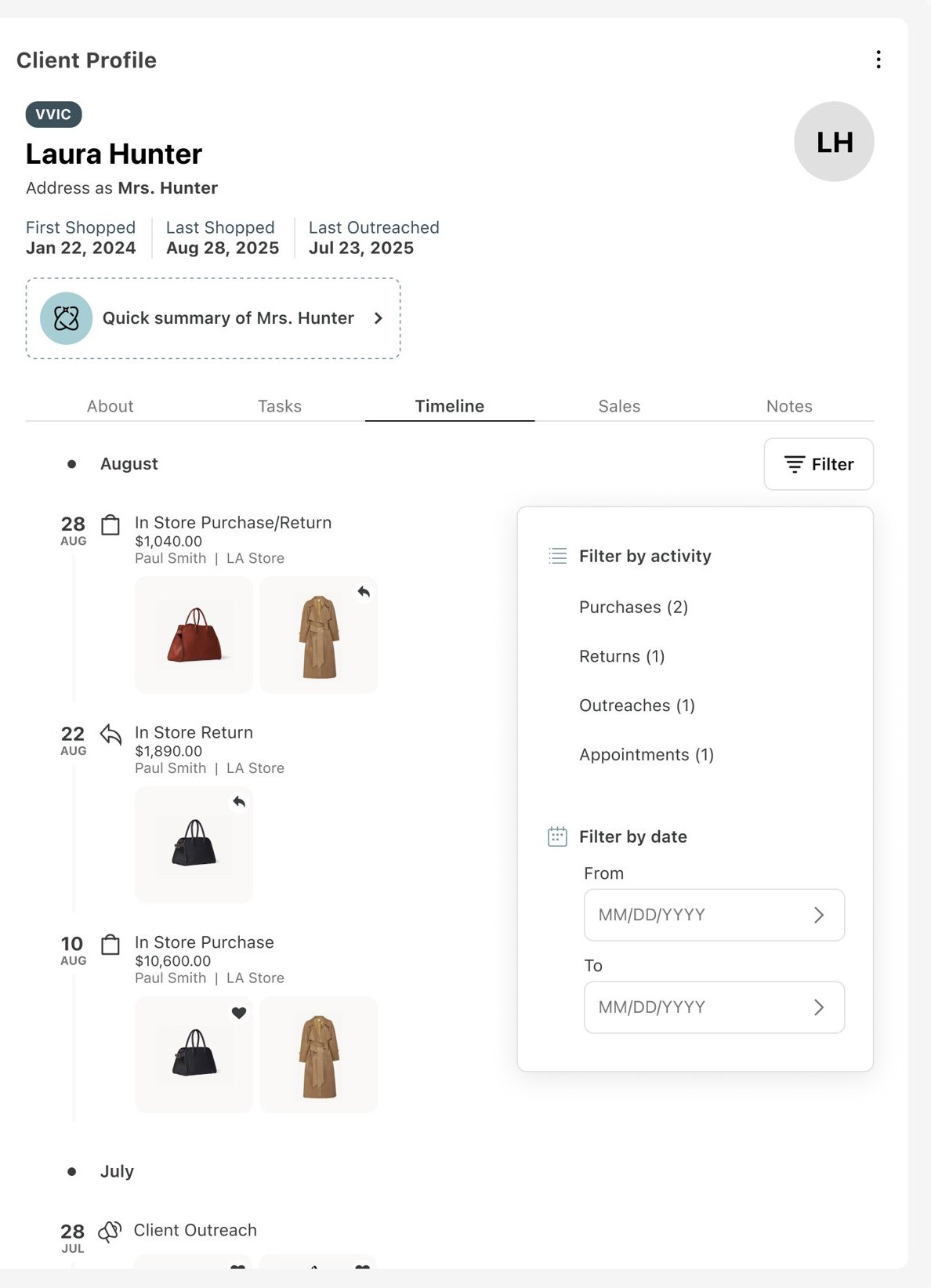 The same client timeline in the ALPHA web app, with filters by activity and date