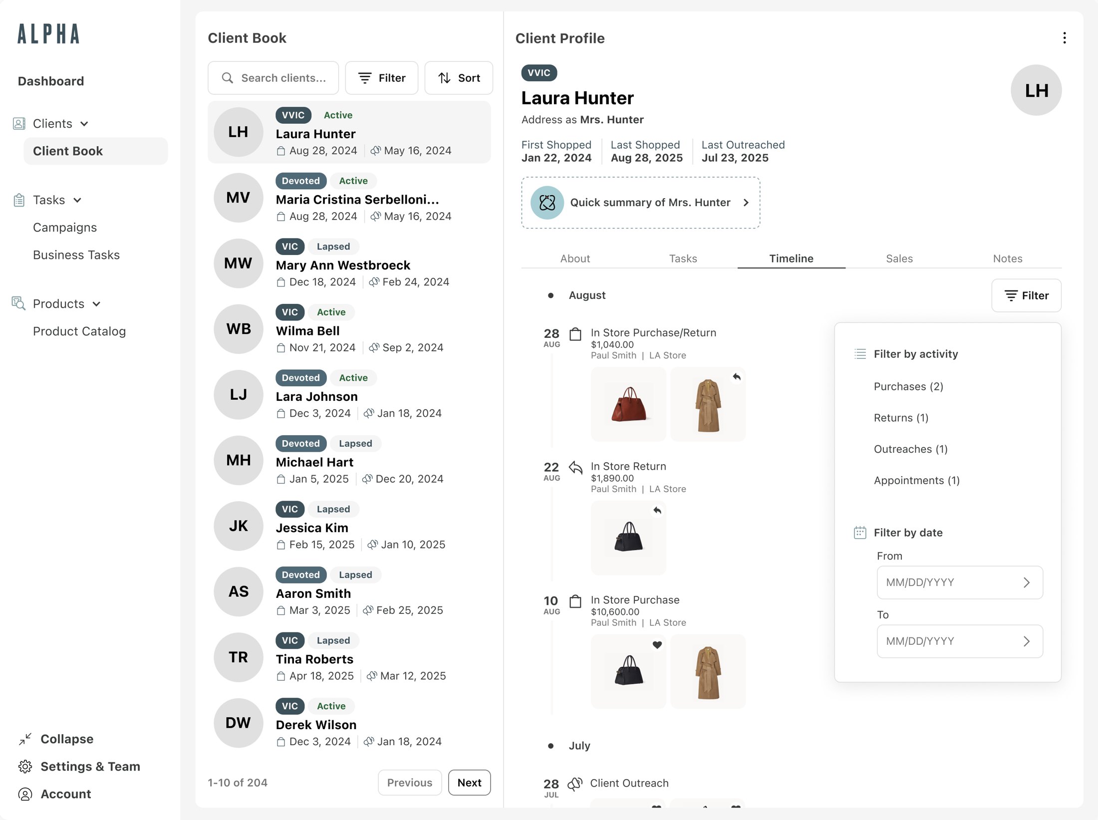 ALPHA web app: client book beside a client profile timeline with purchases, returns, and an activity filter